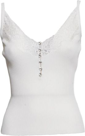 Self Portrait Witte Kant Ribgebreide Top - Dames - Tops zonder mouwen - Wit - M - Tops