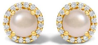 House of Brilliance 10K Gold Gemstone and 1/6 Cttw Diamond Halo Stud Earring in Yellow | Pearl at Nordstrom