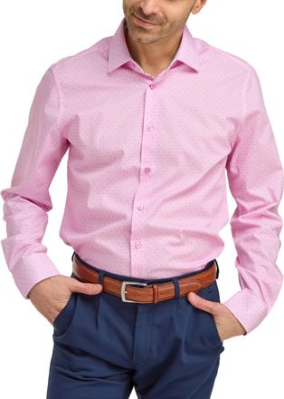 Double TWO Mens Moroccan Print Shirt Cotton Classic Fit Formal Business Dress Shirt - Pink, 16in Collar