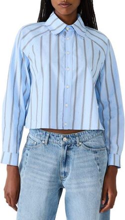 Steve Madden Tess Stripe Embellished Button-Up Crop Top in Estate Blue at Nordstrom, Size X-Large