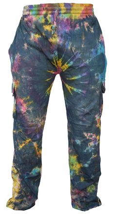 Gheri Tie Dye Cargo Lightweight Drawstring Hem Cotton Pants Black Rainbow XX-Large