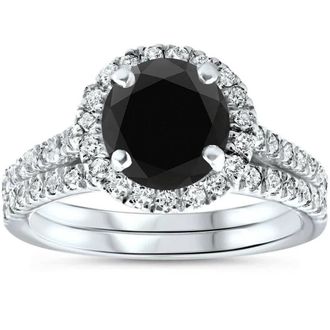Pompeii3 2 1/2 Ct Treated Black Diamond Halo Engagement Wedding Ring Set 14K White Gold Size Selectable