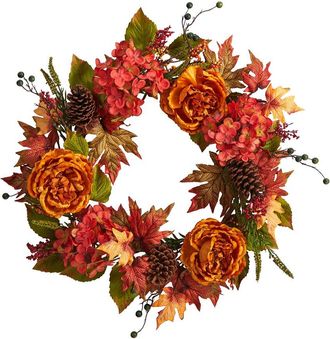 Nearly Natural 25In. Fall Ranunculus, Hydrangea & Berries Autumn Artificial Wreath