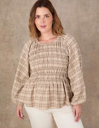 Live Unlimited London Womens Brown Check Shirred Long Sleeve Top - Size: 18