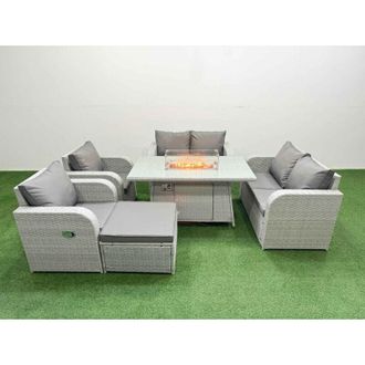 Fimous 7 Seater Outdoor Reclining Chair Love Sofa Set Rattan Garden Furniture Set with Firepit Dining Table Footstool Light Grey - Fimous