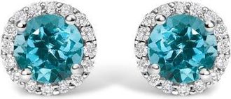 House of Brilliance 10K Gold Gemstone and 1/6 Cttw Diamond Halo Stud Earring in White | Blue Topaz at Nordstrom