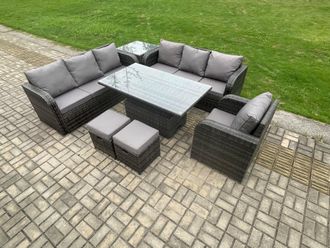 Fimous Outdoor Rattan Garden Furniture Sets Height Adjustable Rising lifting Dining Table Sofa Set with Reclining Chair Side Table in Dark Grey