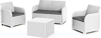 Keter Conjunto De Jard&iacute;n Sanremo Con Dos Sillones Y Sof&aacute; De 2 Plazas Con Mesa Auxiliar, Resina Imitaci&oacute;n Rat&aacute;n Trenzado, Color Blanco - Keter