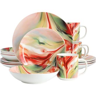 Elama Autumn Storm 16 Piece Abstract Design Round Porcelain Dinnerware Set in White at Nordstrom