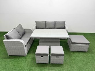 Fimous 8 Seater PE Rattan Wicker Garden Furniture Patio Conservatory Sofa Set w/ Adjustable Lifting Dining or Coffee Table 3 Seater Sofa Love Sofa 3