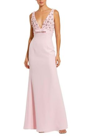 Mac Duggal Crepe Sleeveless Beaded V Neck Gown With Bow in Blush at Nordstrom, Size 14