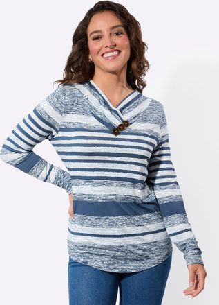 Casual Looks Langarmshirt CASUAL LOOKS V-Shirt, Damen, Gr. 36, jeansblau, ecru, bedruckt, 95% Viskose, 5% Elasthan, gemustert, mehrfarbig, V-Ausschnitt, Shirts Lan