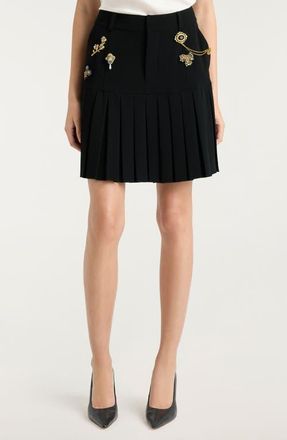 Cinq &agrave; Sept Brooch Embellished Pleated Miniskirt in Black at Nordstrom, Size 10