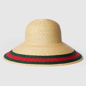 Gucci Woven Hat With Web, Green, Straw