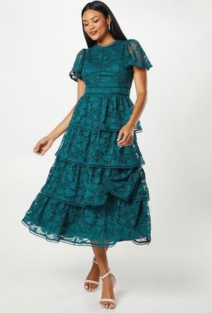 Coast Tiered Lace Dress With Flutter Sleeve & Trims
