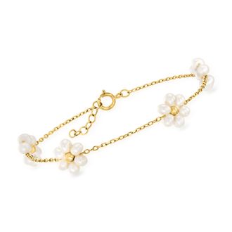 RS Pure by Ross-Simons 3-3.5mm Cultured Pearl Flower Bracelet in 14kt Yellow Gold