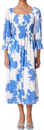 Sugarlips Calypso Floral Denni Smocked Midi Dress In White Blue