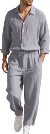 Generic Mens Tracksuit V Neck Long Sleeves Cotton and Linen Set 2 Pieces Suit Shirt with Buttons Jogging Pants Hawaiian Y2K Streetwear Gym Beach Holiday Medie