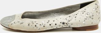 Gina Light Grey/silver Satin And Leather Crystal Embellished Ballet Flats