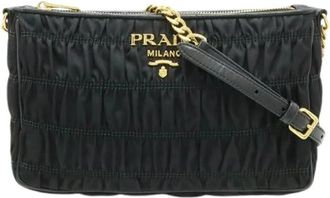 Prada Pre-owned Gathered Nylon Leather Shoulder Bag - Dames - Vintage Schoudertas - Zwart - ONE Size - Nylon - Vintage