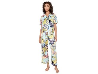 N by Natori Papillon Printed Satin Shortsleeve Mandarin Pajama Set Womens Pajama Sets Blue : L (Womens 14-16), Polyester/Satin/Spandex