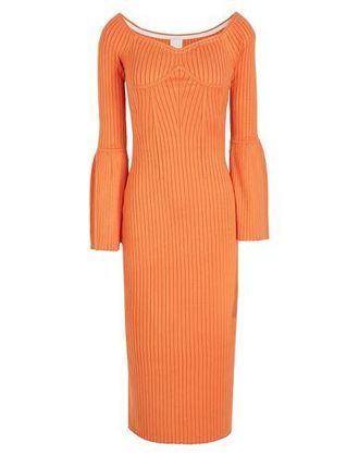 8 by YOOX VISCOSE BLEND OFF SHOULDER RIBBED KNIT MIDI DRESS