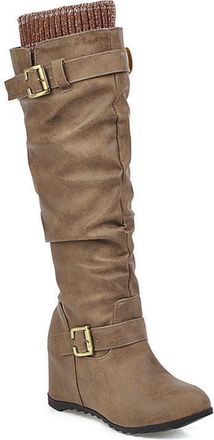 Generic Womens Knee-High Wedge Boots, Elegant Casual PU Slip-On Shoes with Pleated Look And Knitted Cuff Long Shaft Boots Comfortable Large Size Round Toe Rid