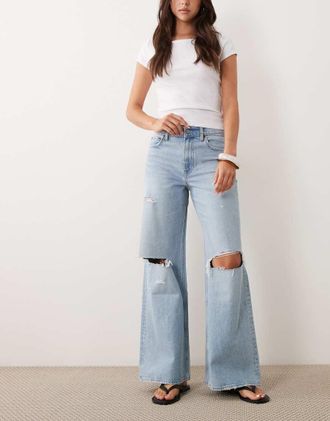 Abercrombie & Fitch Jeans ampi a vita alta con strappi sulle ginocchia lavaggio azzurro-Blu