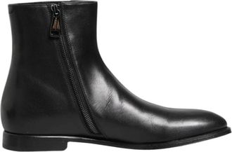 Dolce & Gabbana Zwarte Leren Mid Calf Ritslaarzen - Heren - Enkellaarsjes - Zwart - 40 EU - Leer - Schoenen