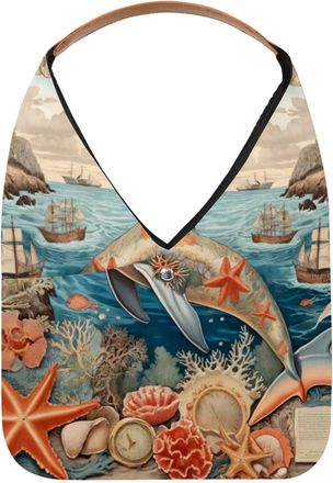 Generic Vintage Map Dolphin Starfish Reusable Lightweight Grocery Bags - Foldable Into Compact Pouch, Washable & Sturdy, Multipurpose for Shopping and Travel