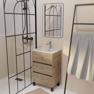 Aurlane Aurlane - Mueble De Ba&ntilde;o 50 Decorado Roble 3 Cajones Lavabo Blanco Y Espejo Led 50x70