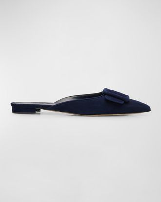 Manolo Blahnik Maysale Suede Buckle Ballerina Mules