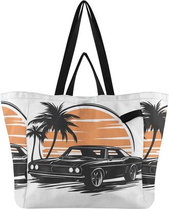 Generic Palm Car Orange print Reusable Canvas Tote Bag, Heavy Duty Grocery Shopping Bag with Large Capacity Double Handles Hard Bottom Work Groceries Travel