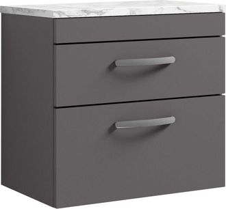 Nuie Nuie - Athena Wall Hung 2-Drawer Vanity Unit with Carrera Marble Worktop 600mm Wide - Gloss Grey