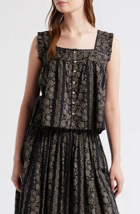 The Great. The Victorian Lace Trim Tank in Black And Cream Token Floral at Nordstrom, Size 3