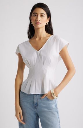 Nordstrom Pleated V-Neck Poplin Top in White at Nordstrom, Size Xx-Small