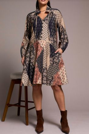 Tribal Raglan Sleeve Dress With Cut And Pockets In Almond Latte