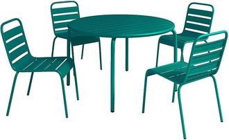 Vente-Unique Conjunto de comedor de jard&iacute;n de metal - una mesa D.110 cm y 4 sillas apilables - Azul verdoso - MIRMANDE de MYLIA
