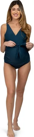 Pinkblush Waist Tie Maternity One-Piece Swimsuit in Blue at Nordstrom, Size Medium