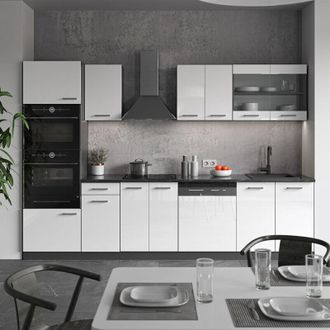 Vicco Mueble De Cocina R-line, Blanco Brillo/antracita, 300 Cm Con Armario Alto, Sin Encimera