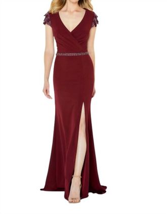 Montage by Mon Cheri Front Slit Cap Sleeve Dress In Wine