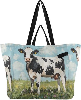 Generic Cow Flower Sky Blue print Reusable Canvas Tote Bag, Heavy Duty Grocery Shopping Bag with Large Capacity Double Handles Hard Bottom Work Groceries Trav