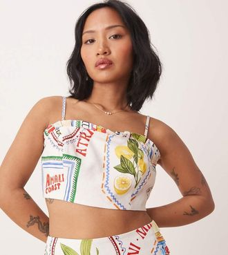 Forever New Top a fascia con stampa stile cartolina in coordinato-Bianco