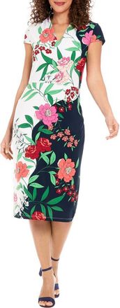 London Times Floral Cap Sleeve Midi Sheath Dress in Navy/Ivory at Nordstrom Rack, Size 12