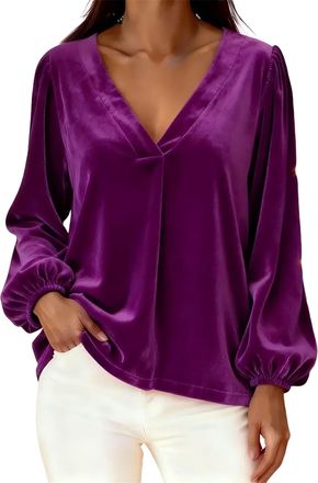 Generic Velvet Tops for Women V Neck Loose Dressy Blouses Long Sleeve Tunic Vintage Holiday Party Shirt Tops (Purple,XXL)