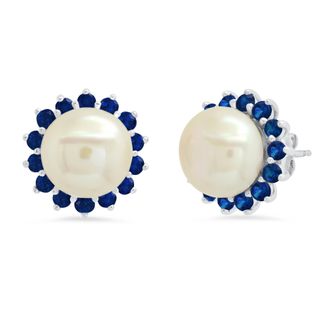 MAX + STONE Sterling Silver 9MM Cultured Pearl and Created Blue Sapphire Earrings