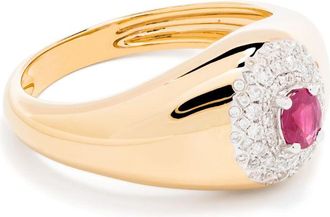 Yvonne Léon 18kt yellow gold mini Chevalière Pompadour diamond and emerald signet ring - women - Grey Diamond/18kt Yellow Gold/Ruby - 48