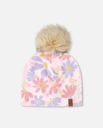 Deux par Deux Stretch Jersey Hat Flower Print with Pompom in Pink Flower Print at Nordstrom, Size 12-24 M