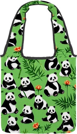Generic Cute Panda on Green Reversible Canvas Shoulder Tote - Double-Sided Print, 12oz Cotton, 27cm Drop, Fold-Flat Bag for Travel, Shopping, Street Outings