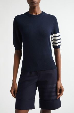 Thom Browne Classic Fit 4-Bar Short Sleeve Virgin Merino Wool Sweater in Navy at Nordstrom, Size 10 Us